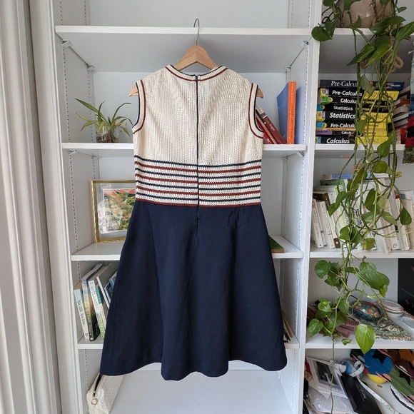 Vintage Judy Wayne Women's Tennis Dress V Neck Cream Striped Red Blue Size Large - Picture 3 of 5